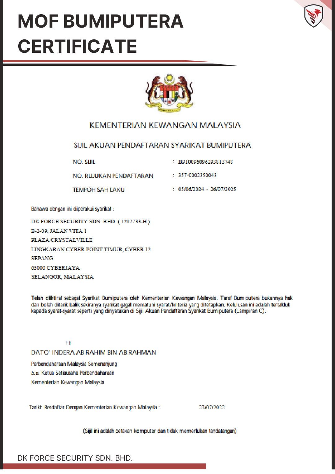 MOF Bumiputera Certificate