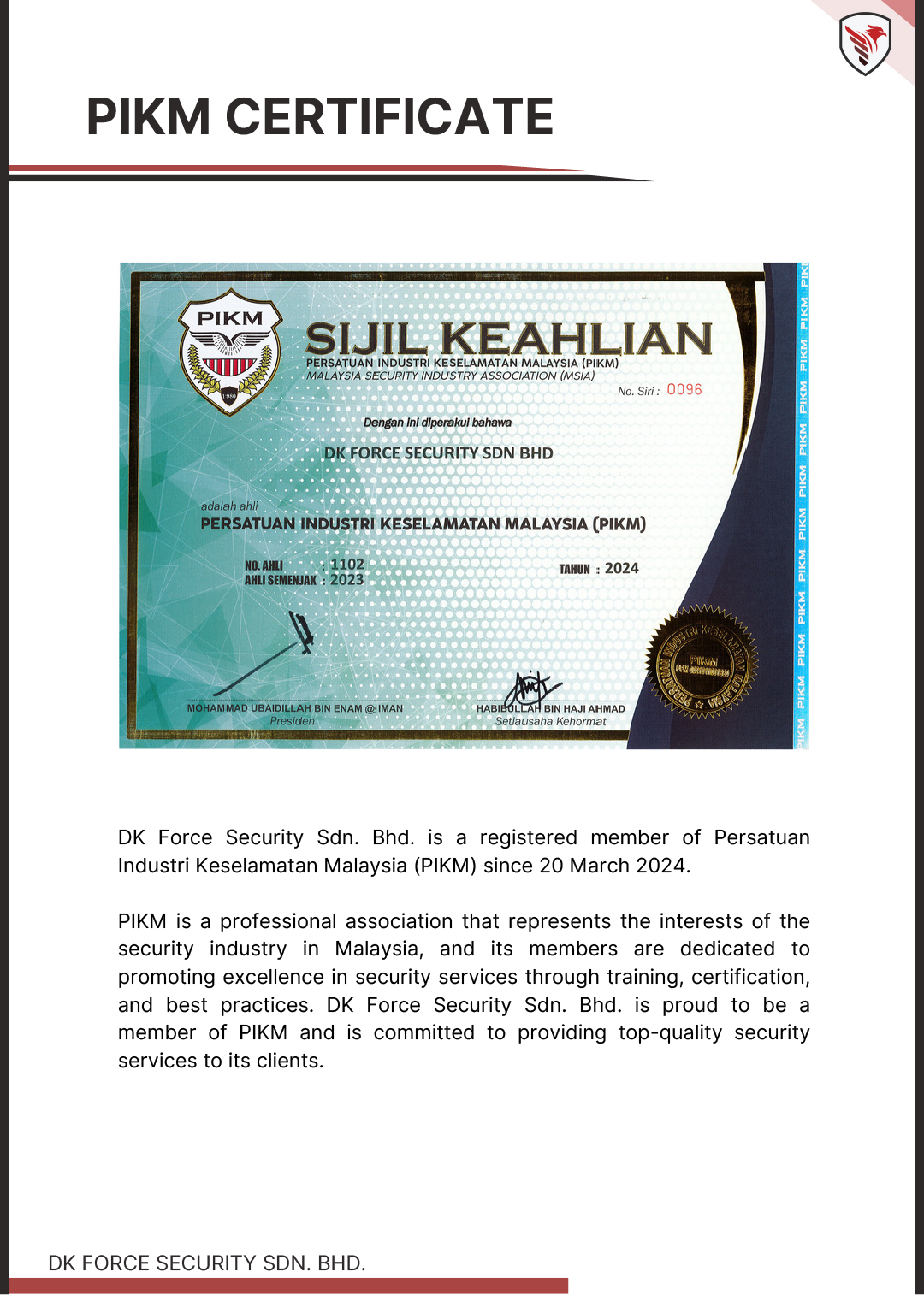 PIKM Certificate